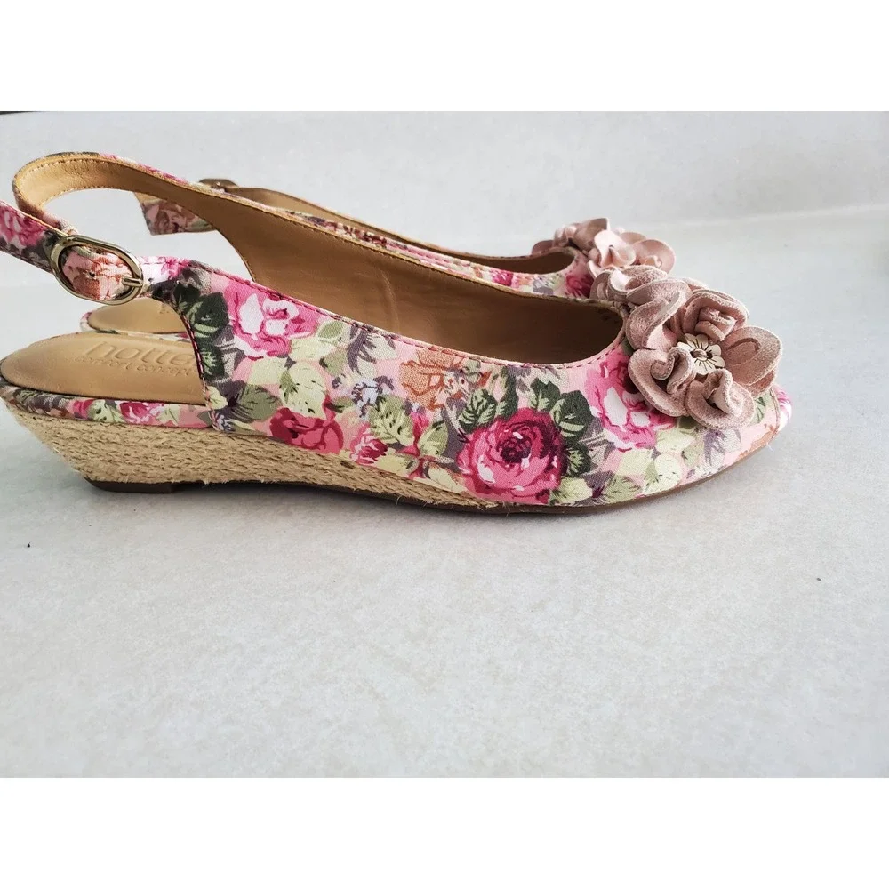 Hotter Floral Espadrille‎ Wedges Pink Peep Toe Slingback Flower Sandals US6